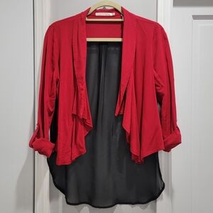 HAVE Red Front Drape Cardigan with Black Sheer Back